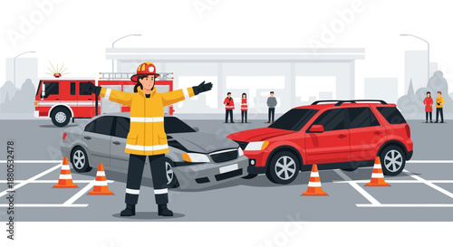 Firefighter directing traffic after car accident.