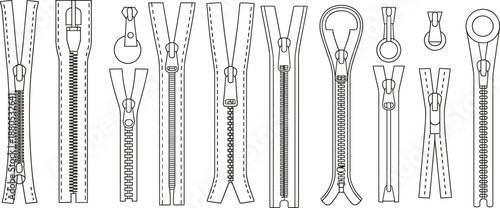 Zipper types outline vector set showing sliders teeth fasteners sewing tailoring clothing accessories technical line illustration design collection apparel industry