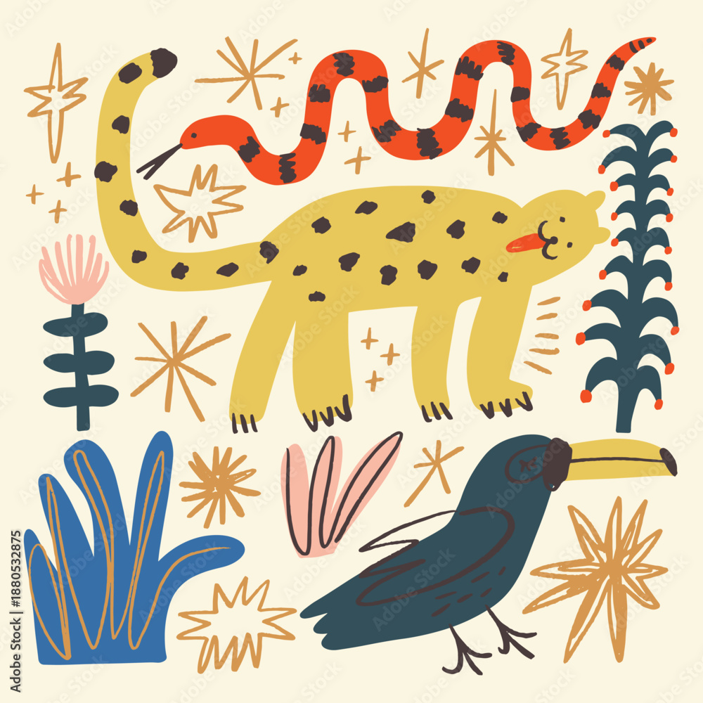 Fototapeta premium Cute African tropical voyage elements animals set isolated on background for kids content. Hand drawn silhouettes colorful collage. Flat cartoon character leopard animal, toucan and snake. Inhabitant