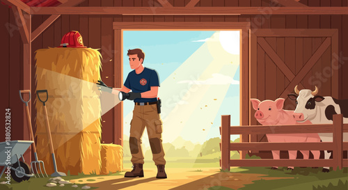 Man cutting hay in a barn.