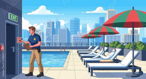 Man delivering food by pool side.