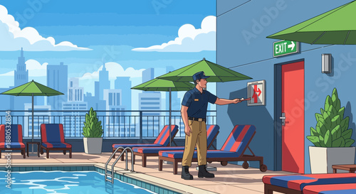 Man holding tray by the pool.