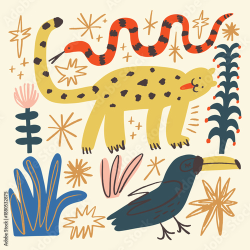 Cute African tropical voyage elements animals set isolated on background for kids content. Hand drawn silhouettes colorful collage. Flat cartoon character leopard animal, toucan and snake. Inhabitant
