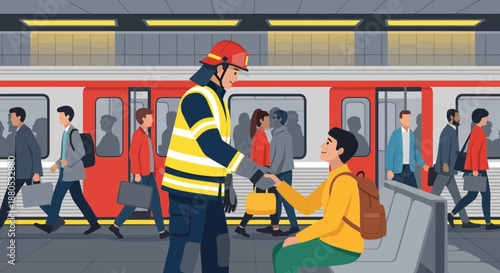 Man in yellow vest helping woman.