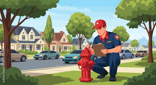Man inspecting red fire hydrant outdoors.