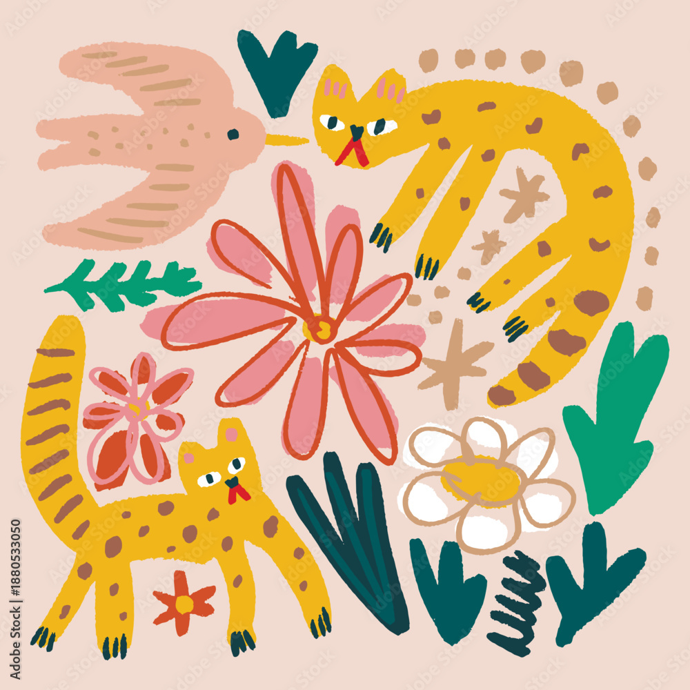 Naklejka premium Cute African tropical voyage elements animals set isolated on background for kids content. Hand drawn silhouettes colorful collage. Flat cartoon character leopard animal, bird and snake. Inhabitant
