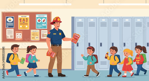 Police officer with school children hallway.