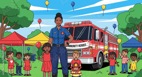 Smiling Female Firefighter Standing Outdoors.