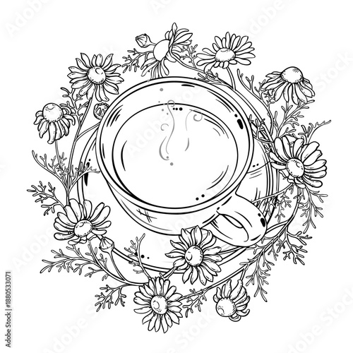 Cup of Chamomile Tea aroma beverage Outline Illustration. Vector isolated for Design and Decoration for Cafeteria, Posters, Banners, Cards.