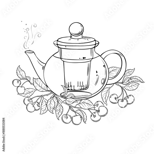 Cherry Tea in Teapot aroma beverage Outline Illustration. Vector isolated for Design and Decoration for Cafeteria, Posters, Banners, Cards.