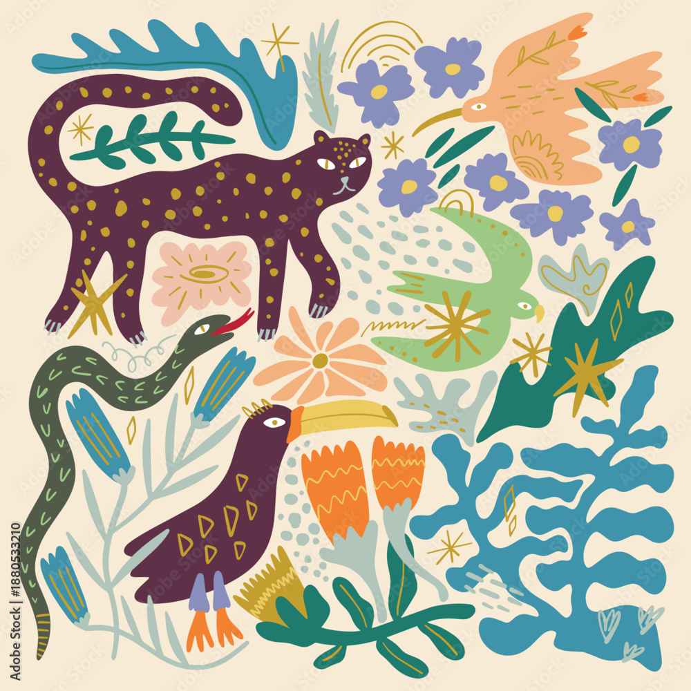 Fototapeta premium Cute African tropical voyage elements animals set isolated on background for kids content. Hand drawn silhouettes colorful collage. Flat cartoon character leopard animal, toucan and snake. Inhabitant