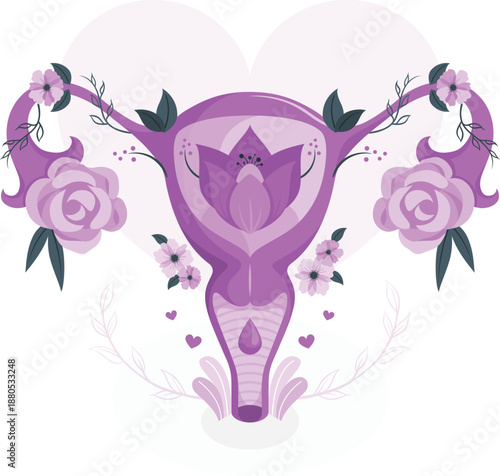 A stylized illustration of a uterus surrounded by flowers and hearts, symbolizing femininity and fertility from a frontal viewpoint