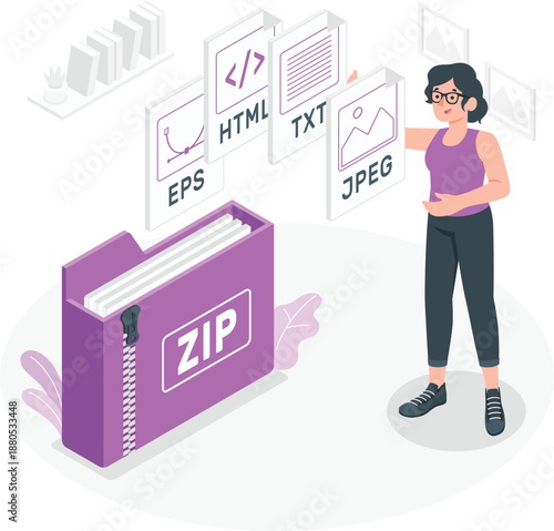Woman archiving digital files into a zip folder with various file formats floating around her