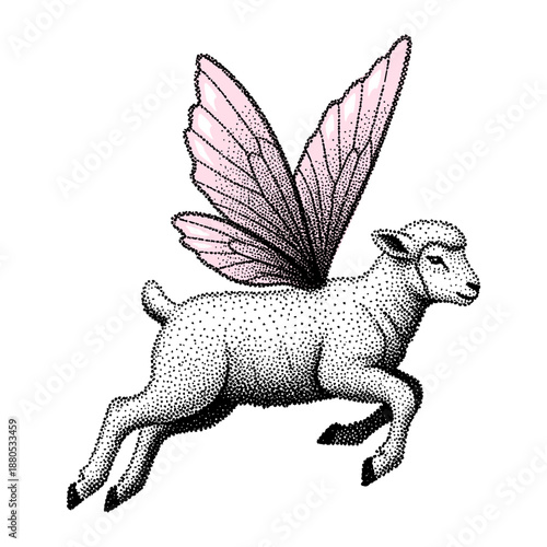 lamb with delicate fairy wings retro halftone style illustration