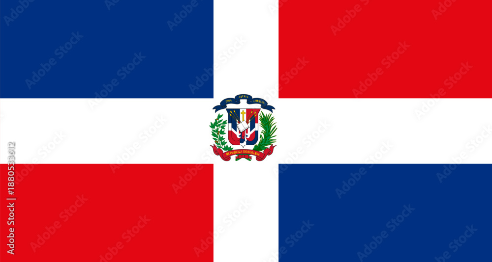 Fototapeta premium Dominican Republic national flag with coat of arms waving