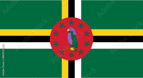Dominica flag featuring parrot and stars representing country