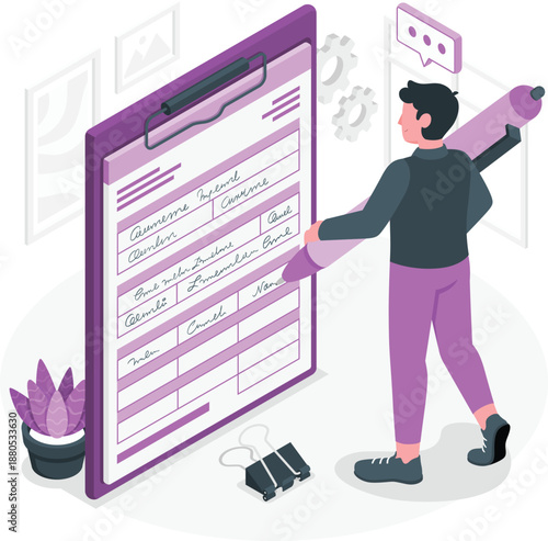 A person holding a large clipboard with a checklist, surrounded by documents and a plant, in a workspace environment from a side viewpoint