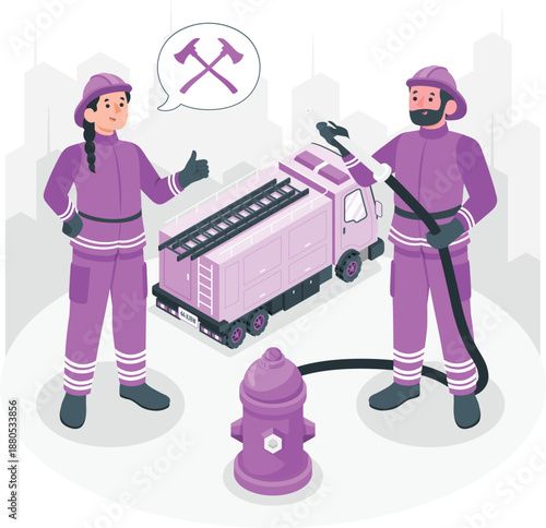 Firefighters in uniform inspecting and maintaining a fire hydrant with a truck nearby in an urban setting