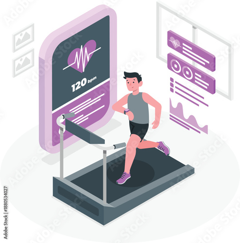 Man running on treadmill with fitness tracker data displayed on a large smartphone screen