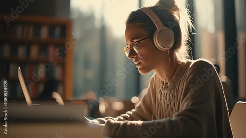Close-Up of College Student Studying in Sunlit Library with Headphones, Notebook Tapping, Warm Natural Light, Calm Mood