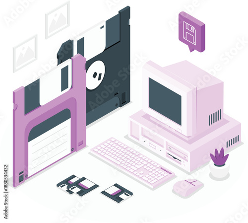 Vintage computer setup with floppy disks and peripherals displayed on a desk viewed from slightly above