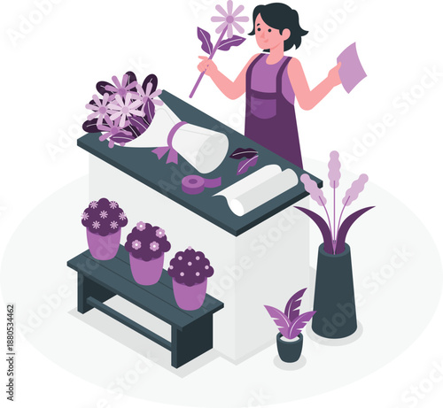 Florist arranging flowers on a table with various plants and flowers in the workspace