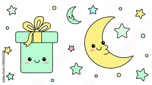 Cute Cartoon Gift Box and Crescent Moon with Stars