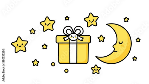 Cute cartoon moon, stars and gift box with bow, kawaii style, white background