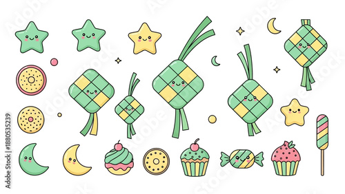 Cute Cartoon Ketupat, Stars, Moon, Cupcakes, Donuts, Candy, Ice Cream