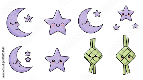 Cute Cartoon Moon, Stars, and Ketupat Icons - Kawaii Ramadan & Eid Design Elements