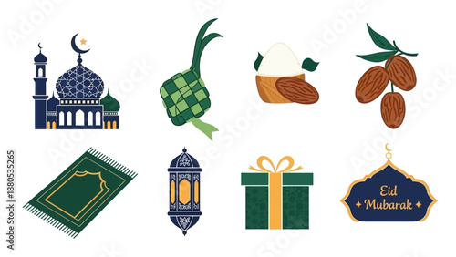 Eid Mubarak Icons: Mosque, Ketupat, Dates, Gift, Lantern, Praying Mat