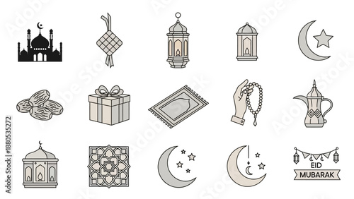 Eid Mubarak Icons: Mosque, Moon, Lanterns, Dates, Pray Mat, Gift, Prayer Beads