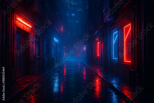 Hyper-Chromatic Neon Alley at Night with Wet Street Reflections 