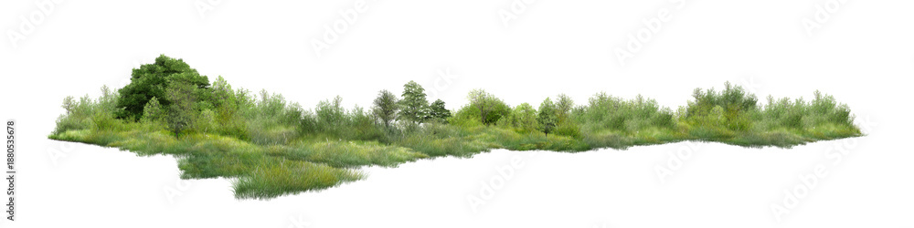 Fototapeta premium grass isolated on white/Wide green meadow with trees and bushes isolated on a white background, panoramic natural landscape element for design use.