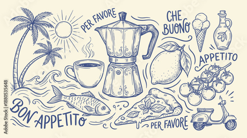 Hand drawn Italian food doodle vector illustration with pizza, pasta, coffee, wine, lemon and seafood, colorful chalk sketch style lettering Buon Appetito for menu and poster design