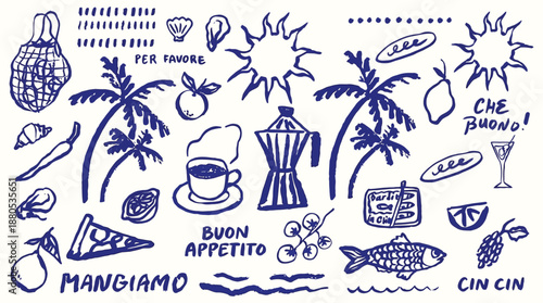 Hand drawn Italian food doodle vector illustration with pizza, pasta, coffee, wine, lemon and seafood, colorful chalk sketch style lettering Buon Appetito for menu and poster design