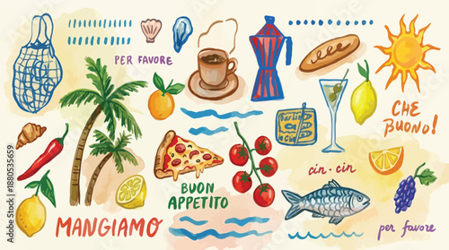 Hand drawn Italian food doodle vector illustration with pizza, pasta, coffee, wine, lemon and seafood, colorful chalk sketch style lettering Buon Appetito for menu and poster design