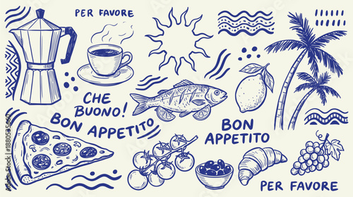 Hand drawn Italian food doodle vector illustration with pizza, pasta, coffee, wine, lemon and seafood, colorful chalk sketch style lettering Buon Appetito for menu and poster design