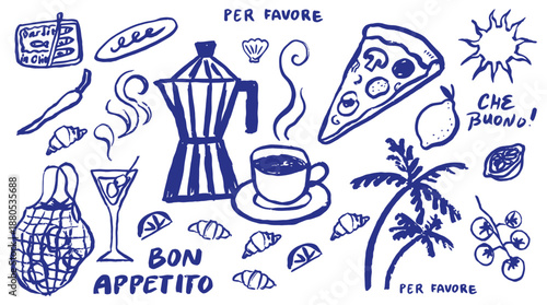 Hand drawn Italian food doodle vector illustration with pizza, pasta, coffee, wine, lemon and seafood, colorful chalk sketch style lettering Buon Appetito for menu and poster design