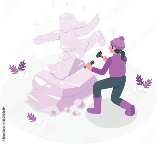 Woman sculpting ice sculpture with chisels in winter scene