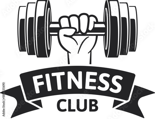 Hand holding dumbbell creating fitness club emblem design