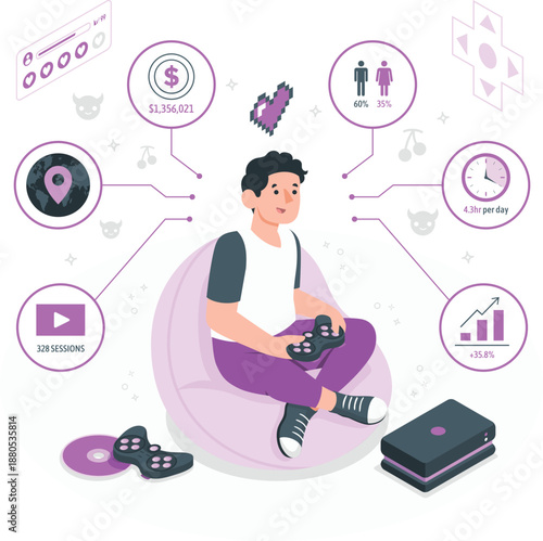 A young gamer sits relaxed on a bean bag chair, surrounded by gaming icons and statistics, showcasing a modern gaming lifestyle and digital entertainment trends.
