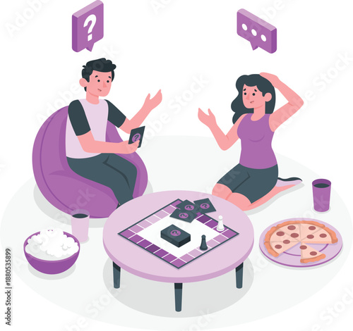 Couple playing a board game together on a coffee table in a cozy living room setting with snacks