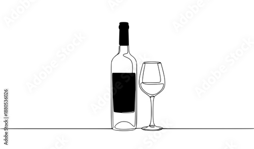 Continuous line drawing of wine bottle and glass vector illustration beverage concept