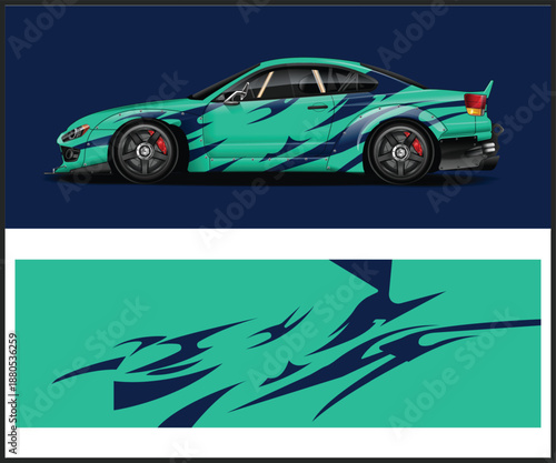 Detailed teal sports car with graphic design elements