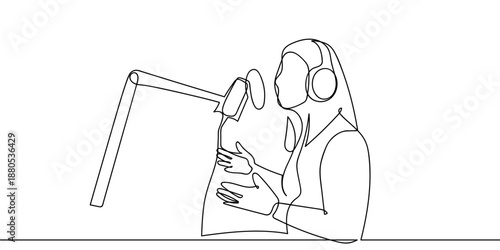 A single, continuous line of art a woman speaking into a microphone on a podcast. minimalist outline vector illustration Editable stroke.