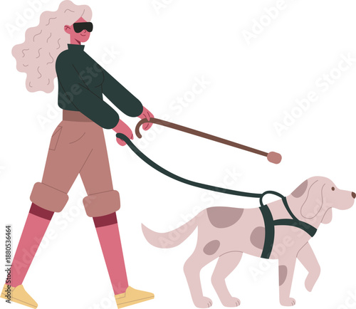 Blind woman walking with guide dog and white cane
