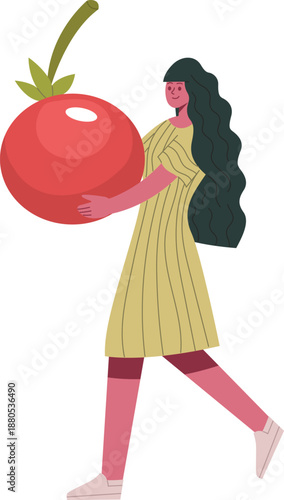 Woman carrying giant red fruit promoting healthy food