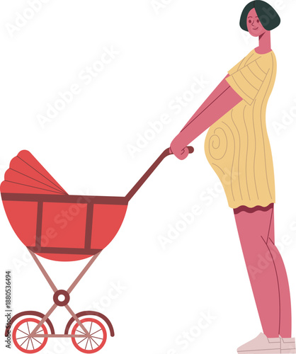 Pregnant woman pushing baby carriage expecting baby