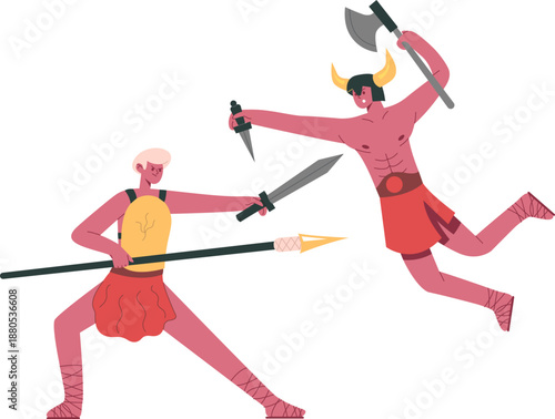 Warrior fighting horned creature in ancient battle